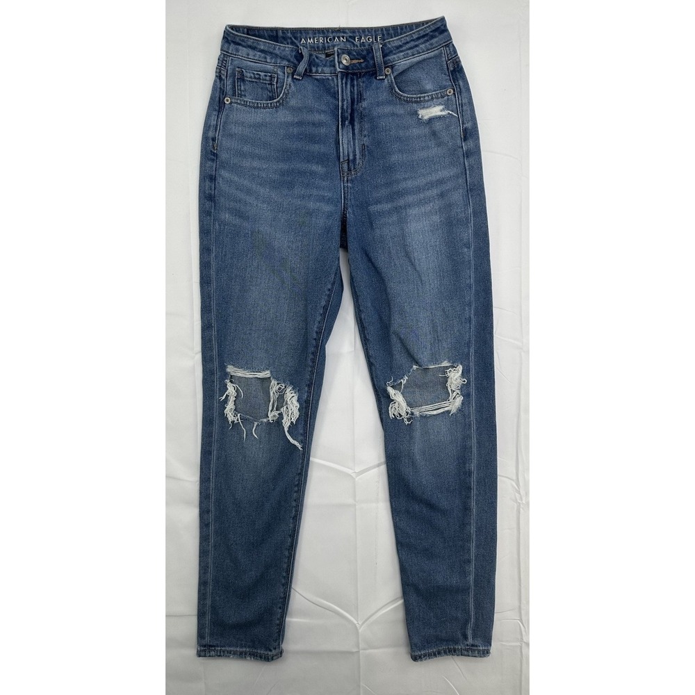American Eagle Women's Jeans Size 0 Regular Mom Blue‎ Distressed Denim Mid Rise